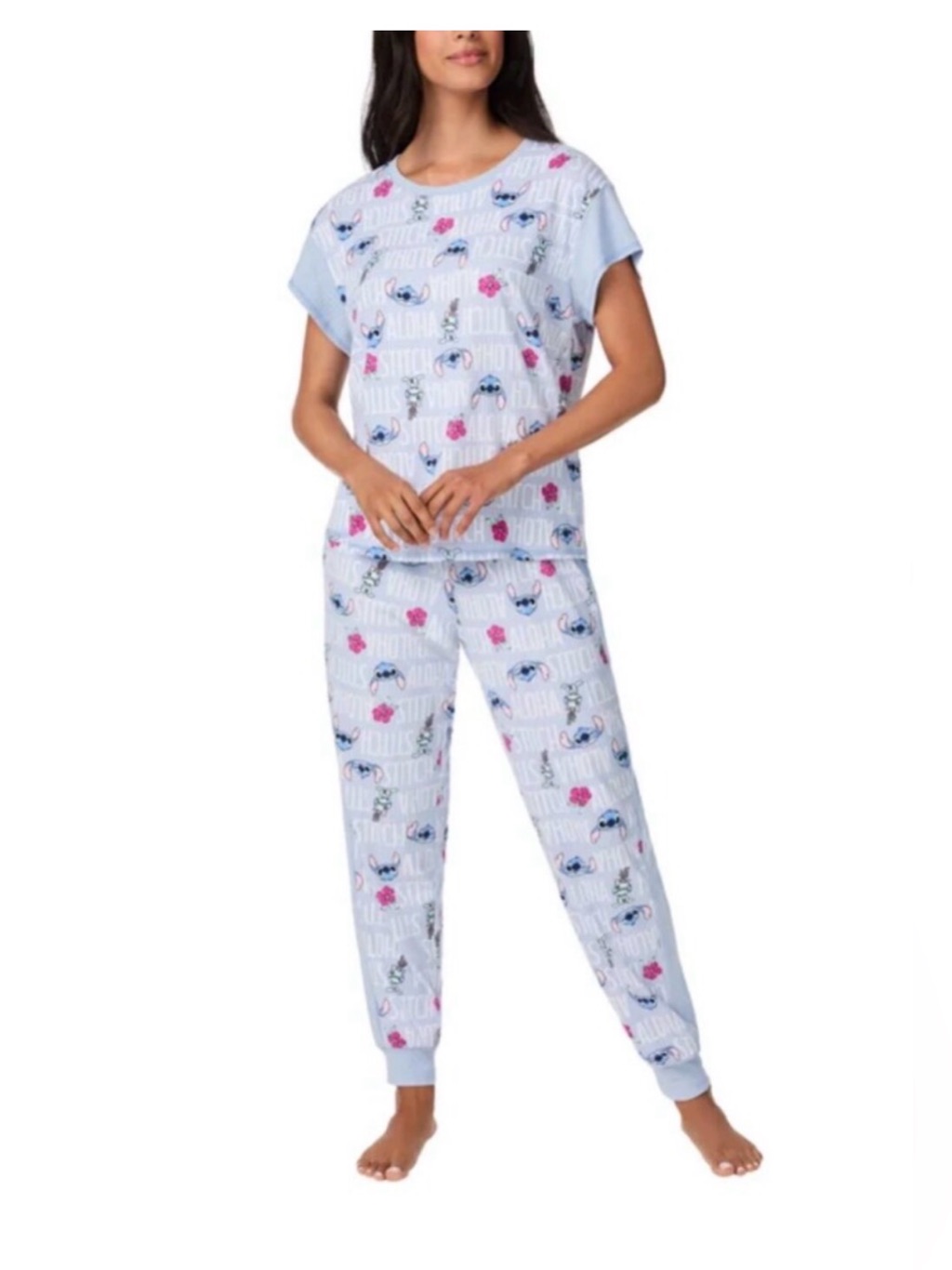 Disney Stitch Short Sleeve And Jogger Pajama Set - Light Blue With Pink Floral